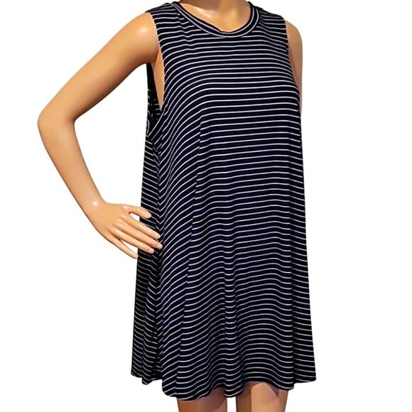 See You Monday Navy Blue & White Striped Sleeveless Trapeze Swing Dress - Picture 4 of 11